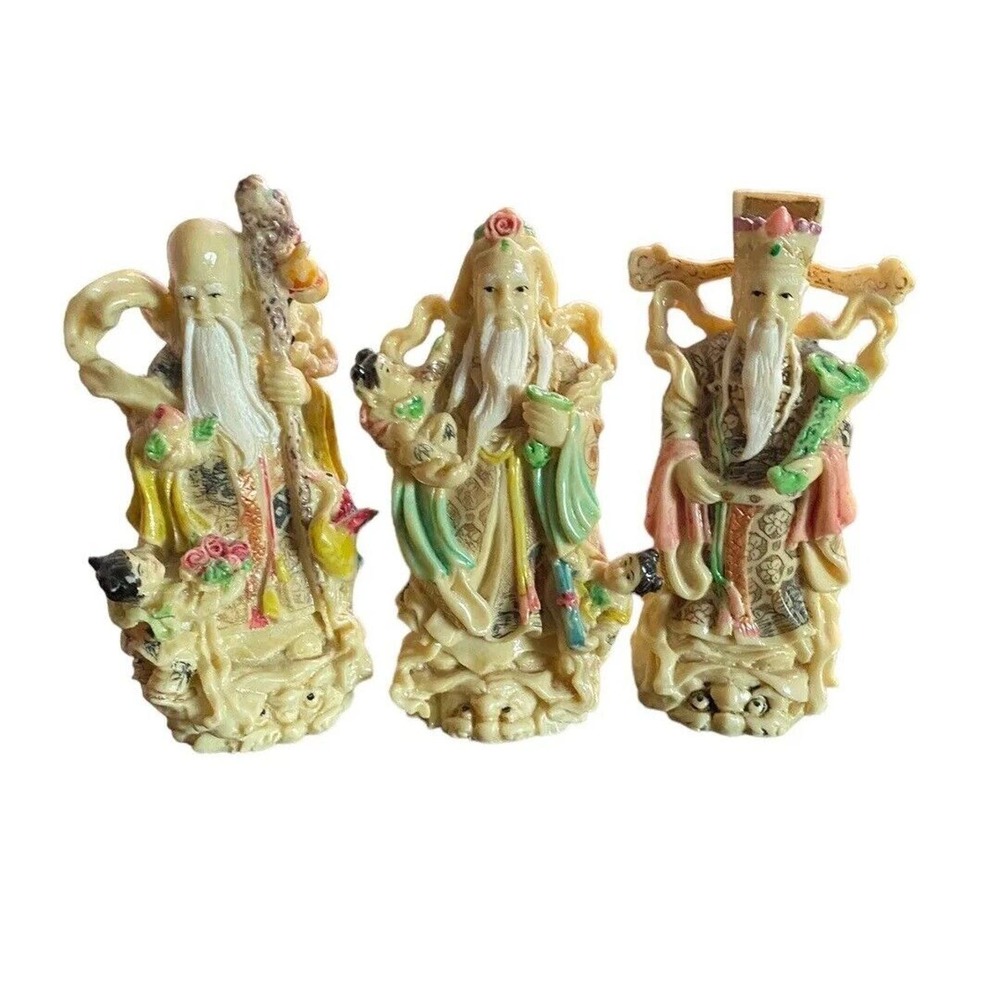 Feng Shui Fu Lu Shou Gods 3 Stars Deity Prosperity Longevity Figurine Set Carved